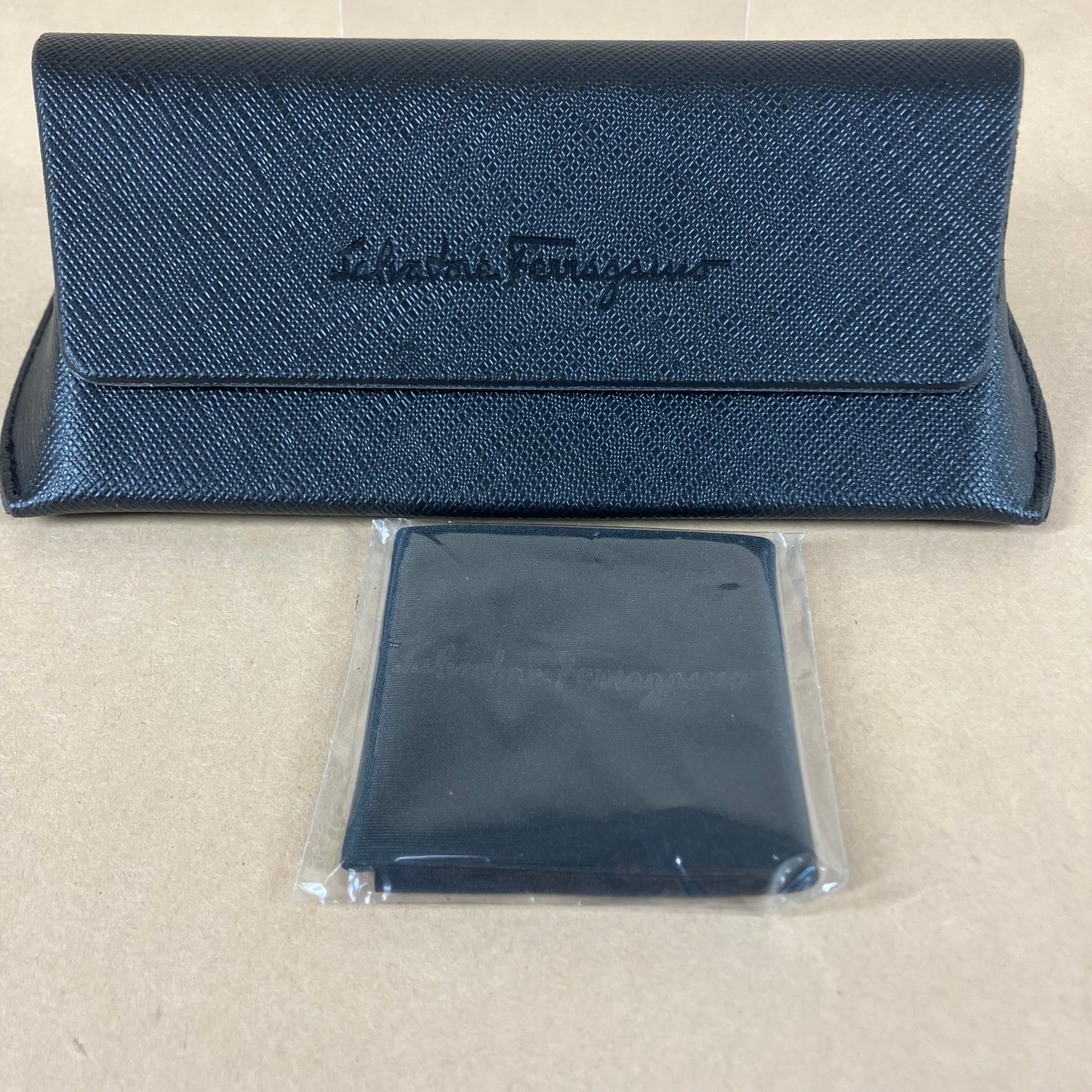New SALVATORE FERRAGAMO Black Textured Sunglasses Case & Cleaning Cloth
