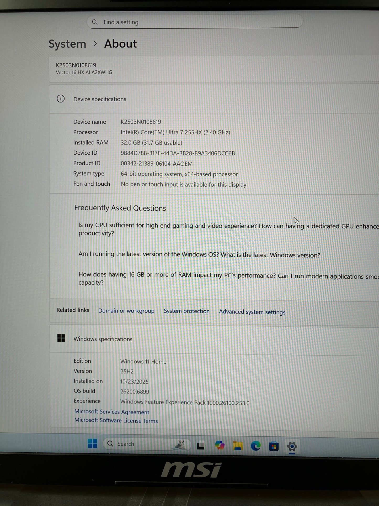 MSI Vector 16 HX A2XW 15.6" Ultra 7 255HX 2.4GHz 32GB DDR5 RAM 2TB SSD 5070Ti