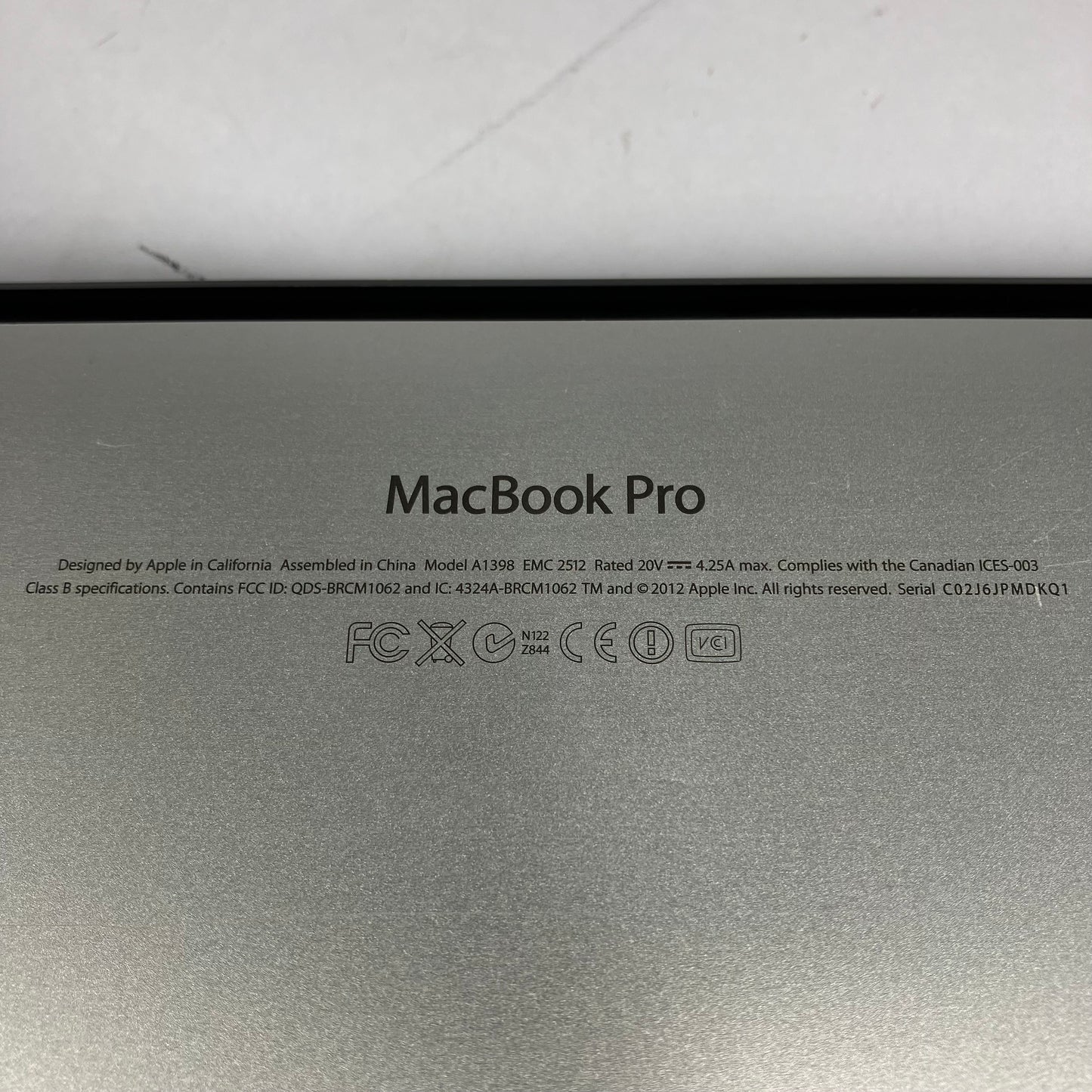 2012 Apple MacBook Pro 15" i7 2.3GHz 8GB RAM 256GB SSD Silver A1398 No OS