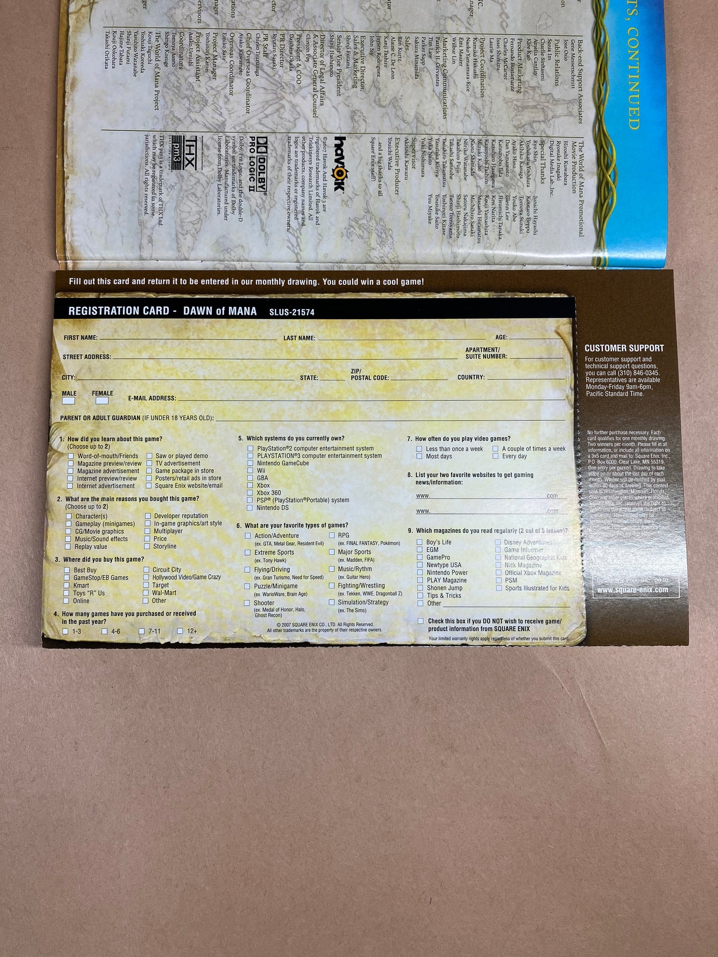 Dawn of Mana (Sony PlayStation 2 PS2, 2007) Complete In Box Reg Card