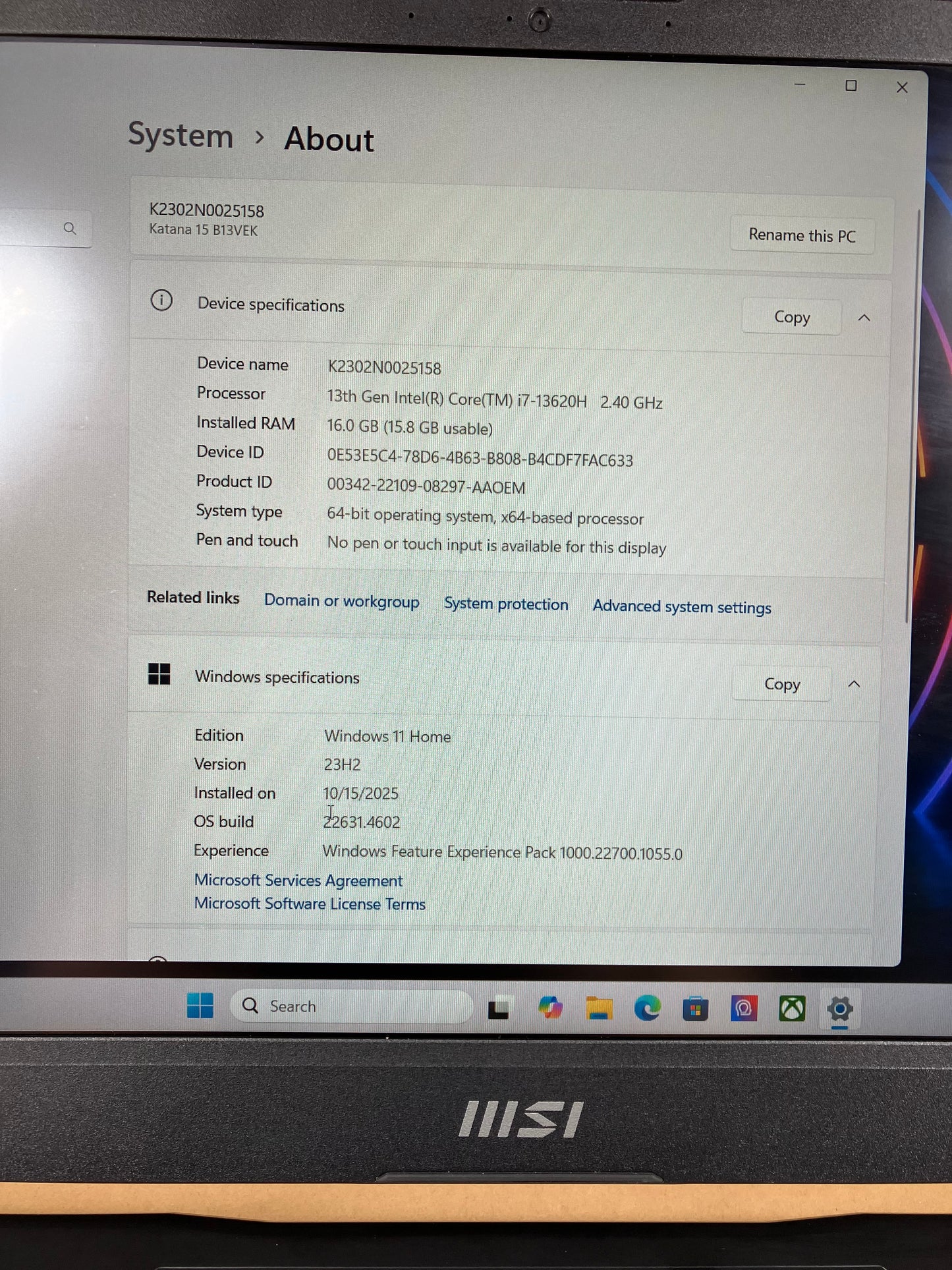 MSI Katana 15 B13V B13VEK 15.6" i7-13620H 16GB RAM 1TB SSD GeForce RTX 4050