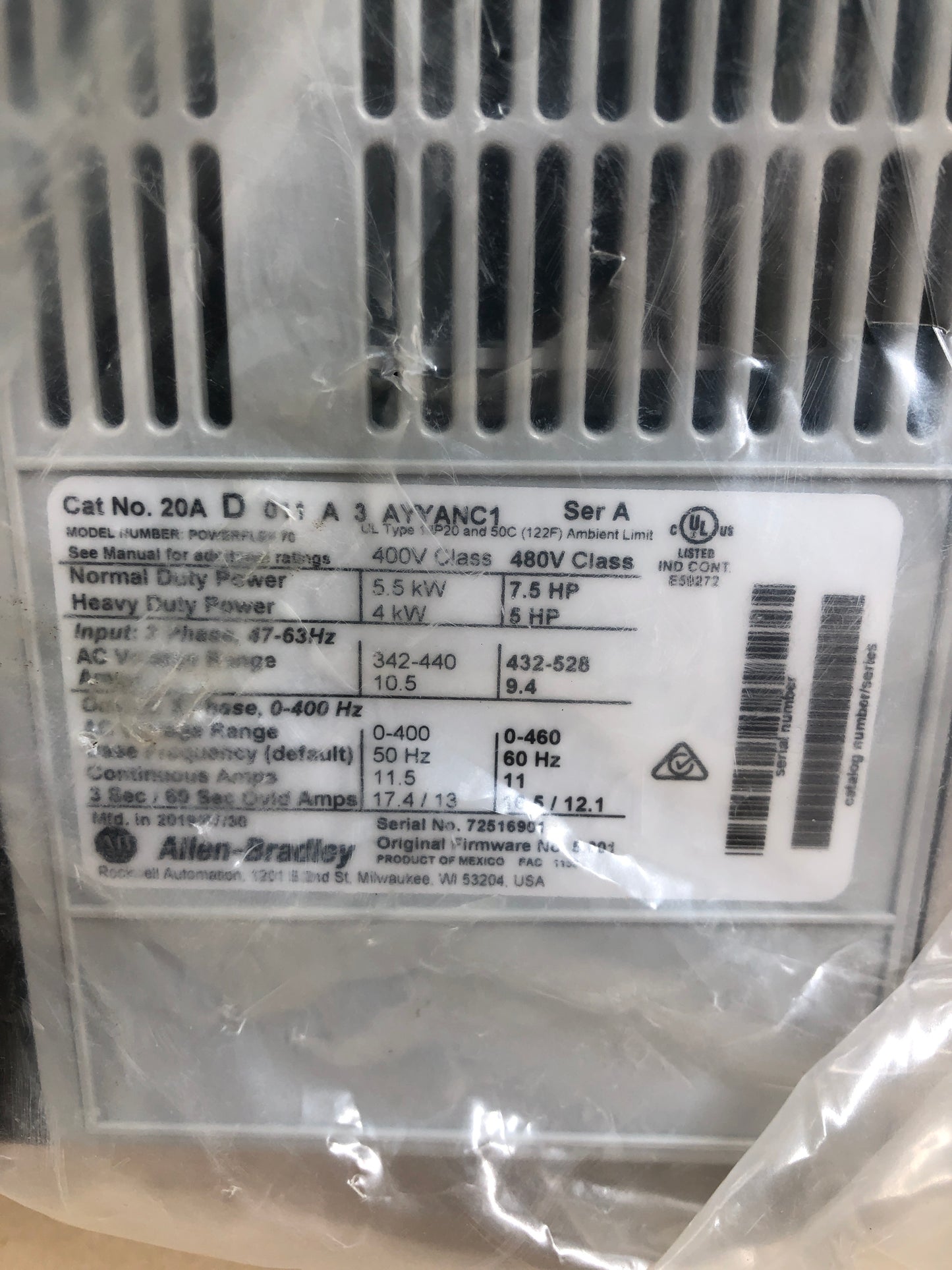 New Allen-Bradley A-B 20AD011A3AYYANC1 PowerFlex 70 AC Drive 480V