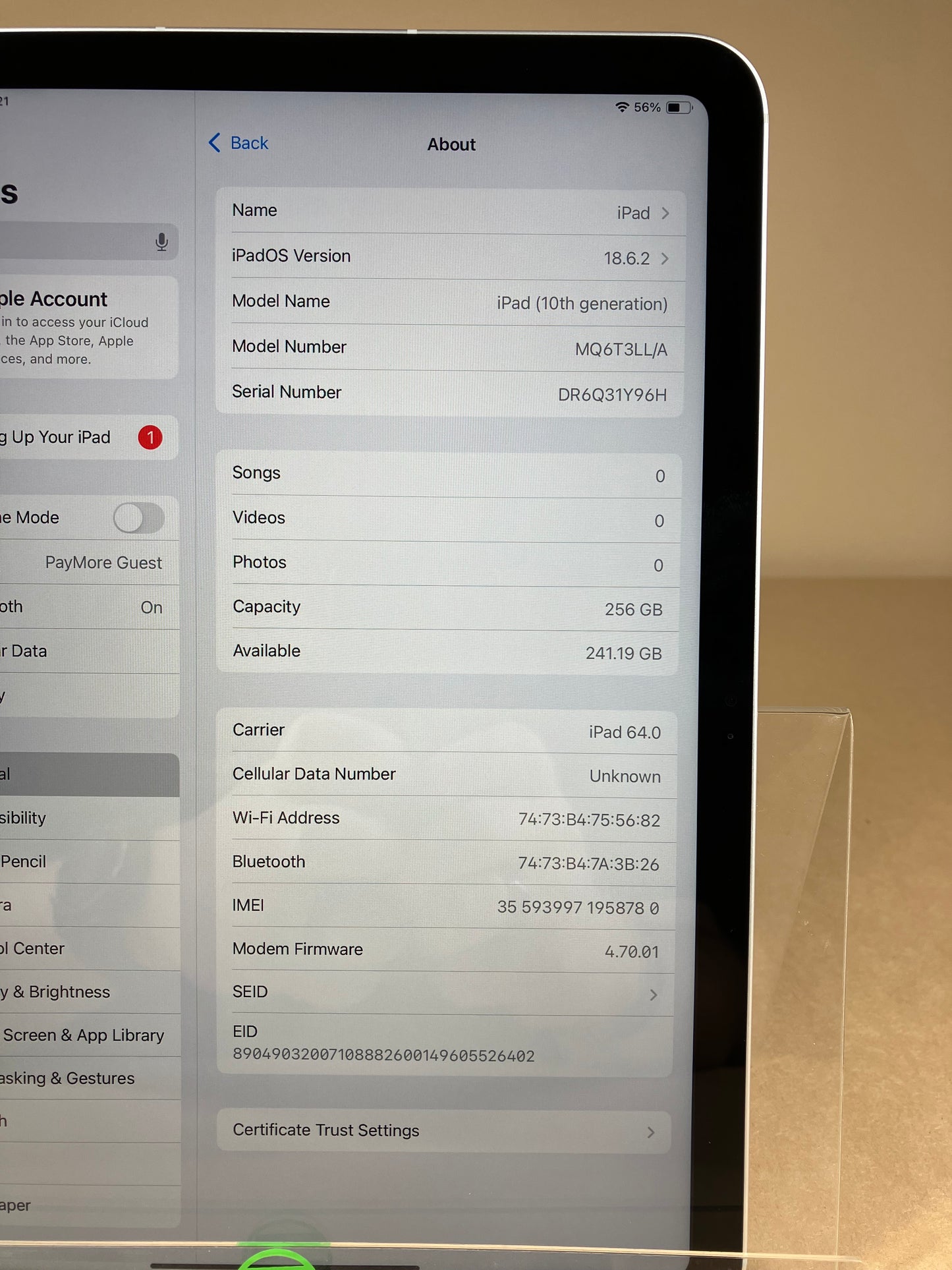 Unlocked Apple iPad 10th Gen 256GB Silver MQ6T3LL/A