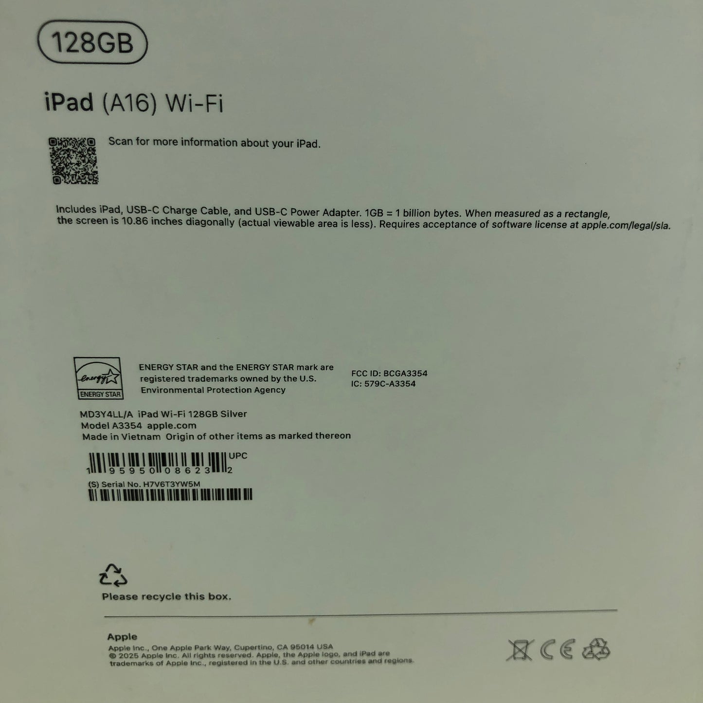 WiFi Only Apple iPad 11" (A16) 128GB 18.5 Silver MD3Y4LL/A w Box
