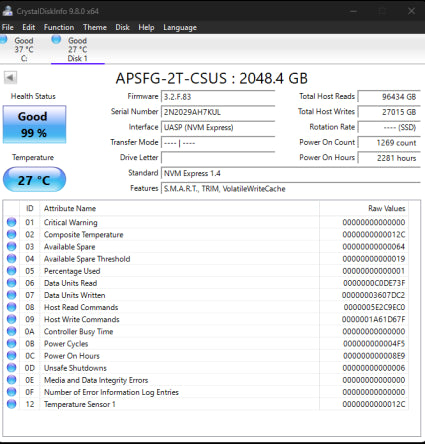 Adata M.2 2280 Premire SSD for Gamers 2TB APSFG-2T-CSUS