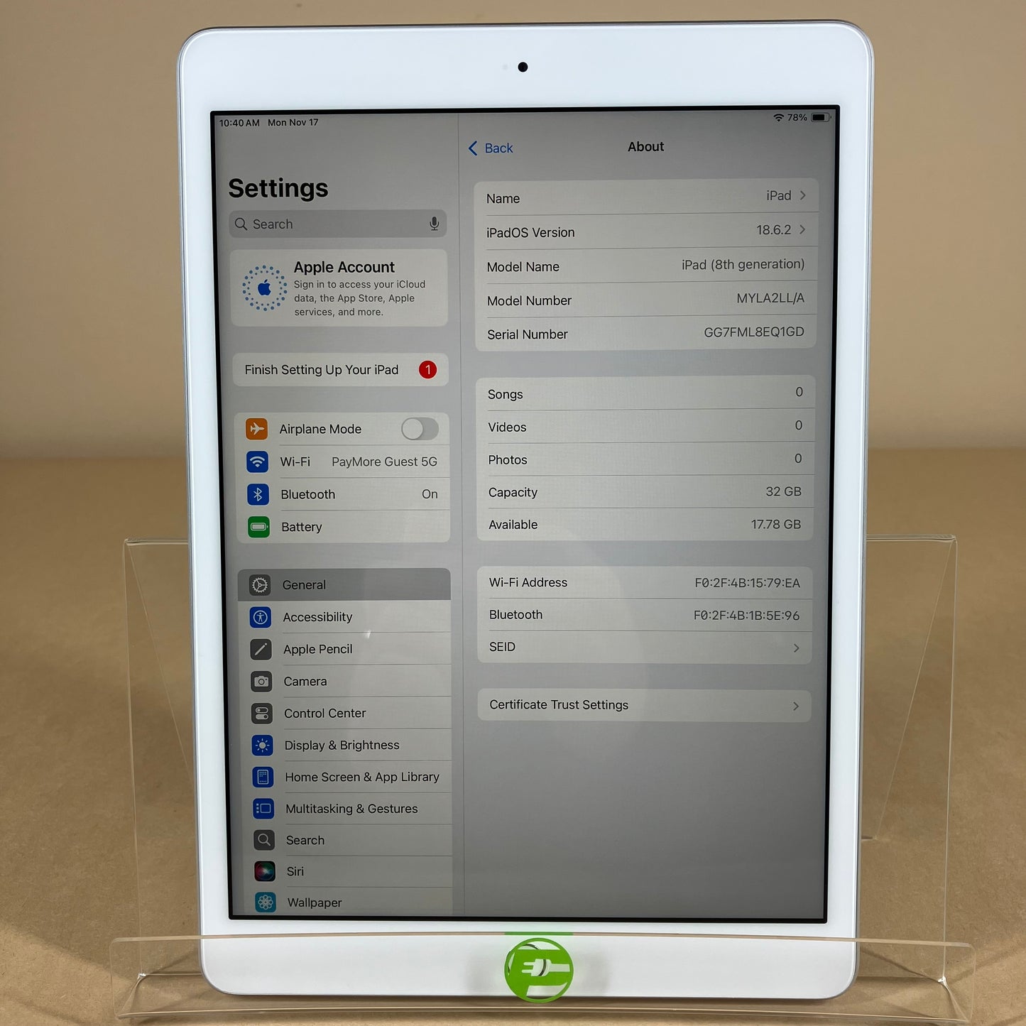 WiFi Only Apple iPad 8th Gen 32GB 18.6.2 Silver MYLA2LL/A