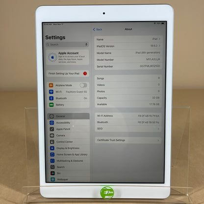 WiFi Only Apple iPad 8th Gen 32GB 18.6.2 Silver MYLA2LL/A