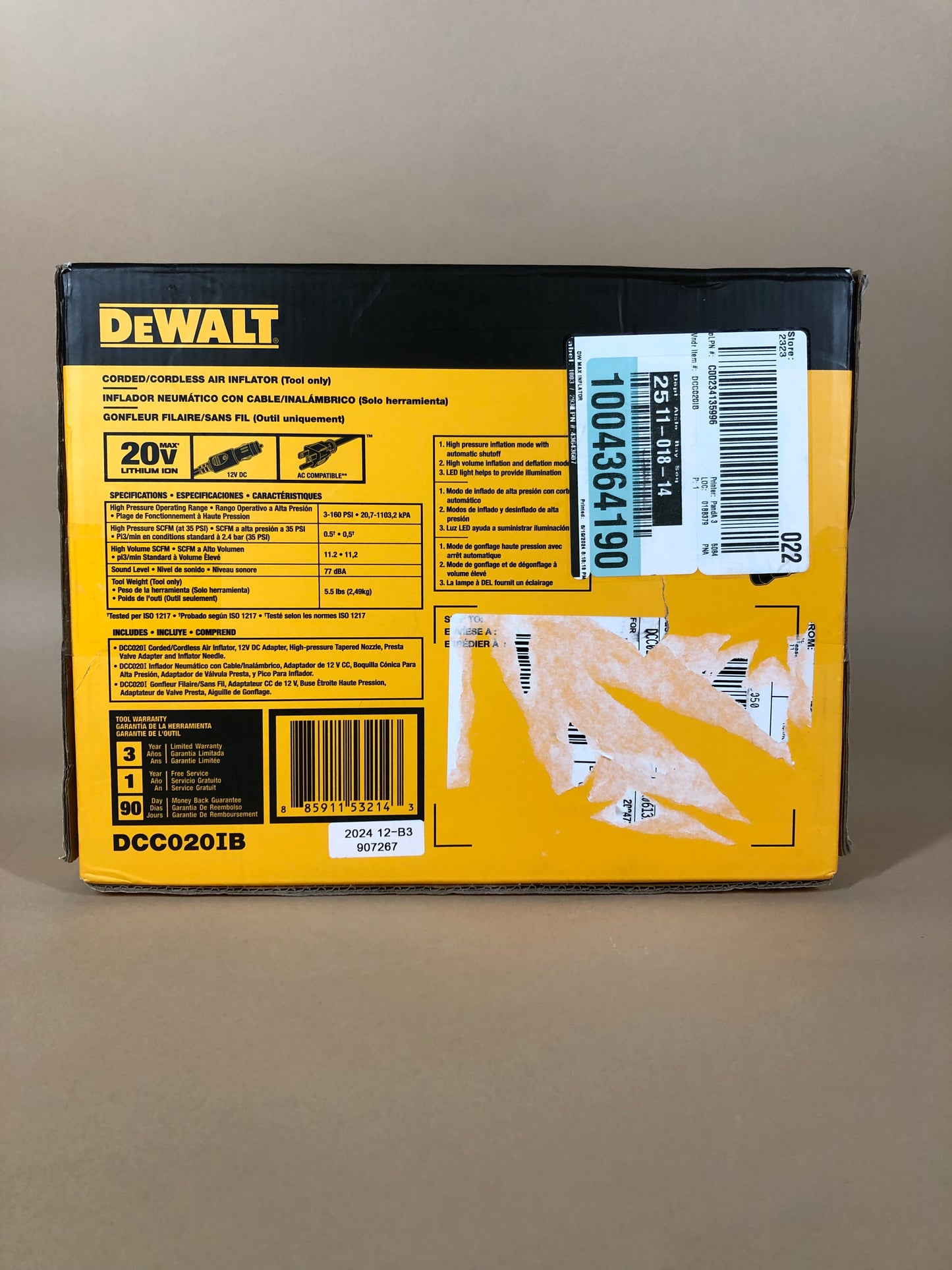 New DeWalt DCC020IB 20V Corded / Cordless Air Inflator