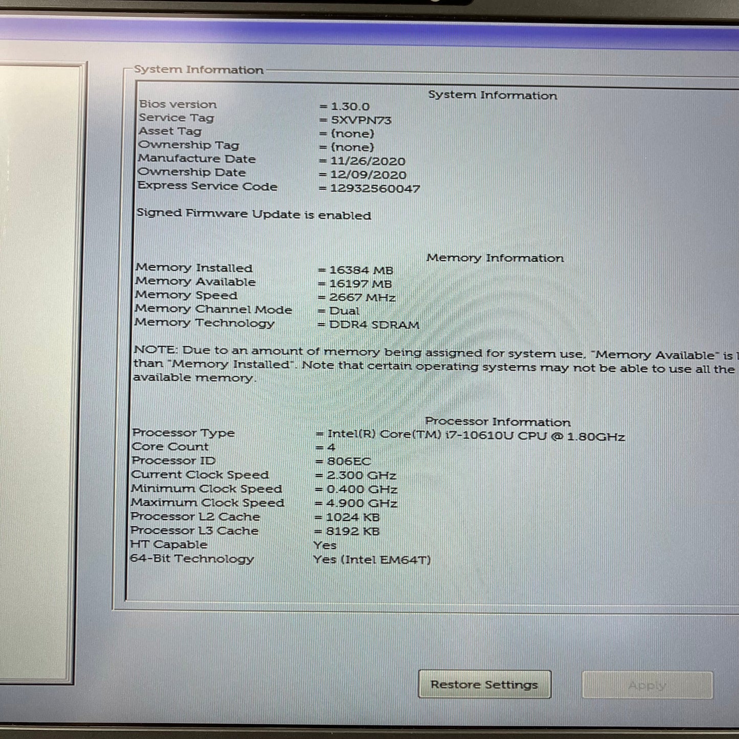 Dell Latitude 7410 13.3" i7-10610U 1.8GHz 16GB RAM NO SSD NO OS NO BATTERY