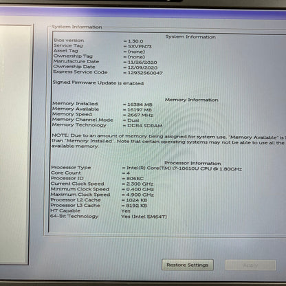 Dell Latitude 7410 13.3" i7-10610U 1.8GHz 16GB RAM NO SSD NO OS NO BATTERY