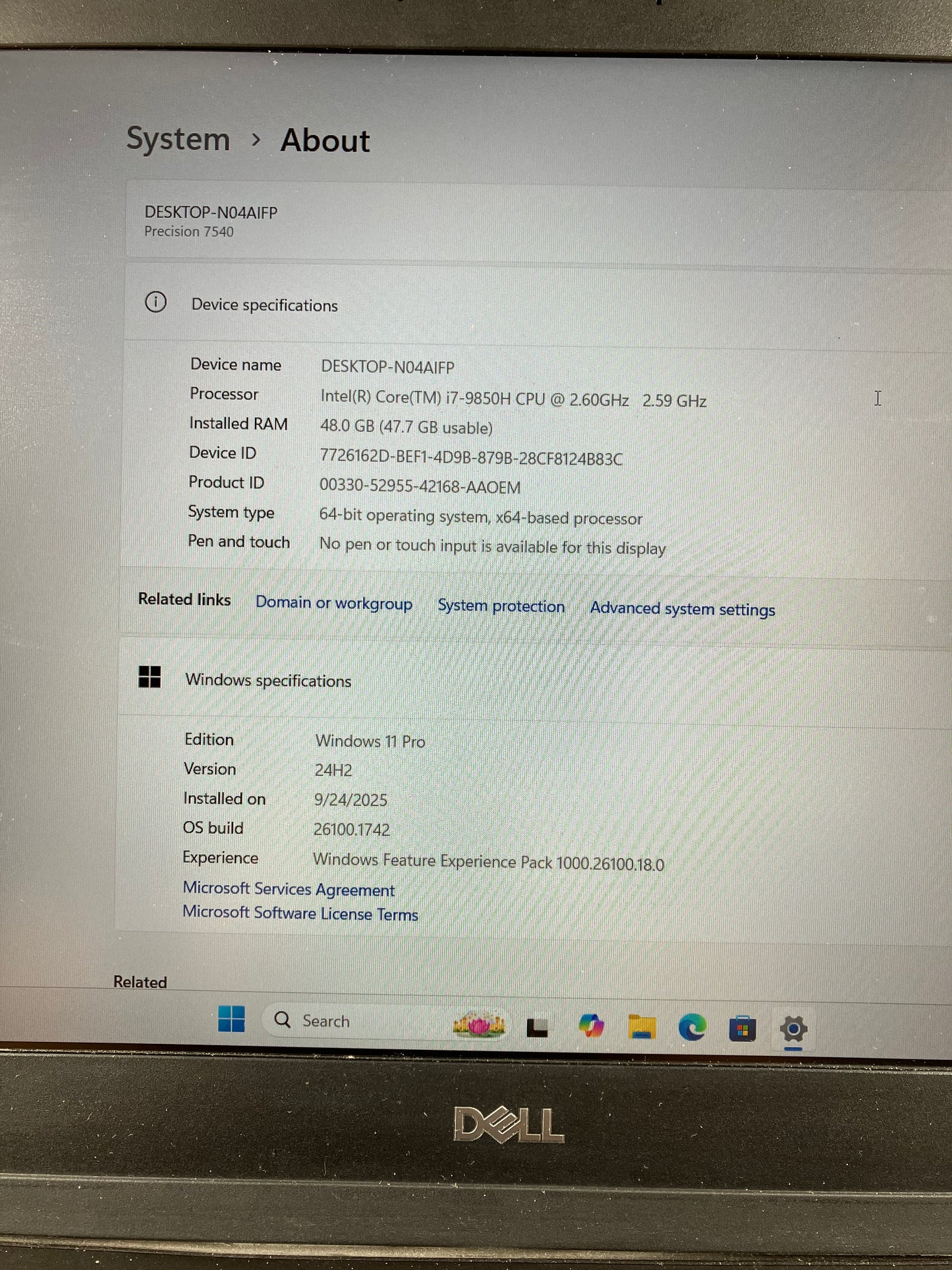 Dell Precision 7540 15.6" i7-9850H 2.6GHz 48GB RAM 512GB SSD Quadro T1000 WIN 11