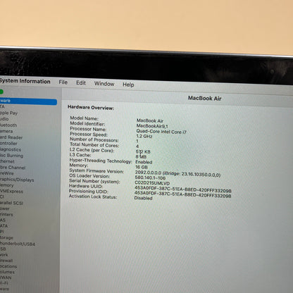 2020 Apple MacBook Air 13.3" i7 1.2GHz 16GB RAM 512GB SSD Space Gray A2179