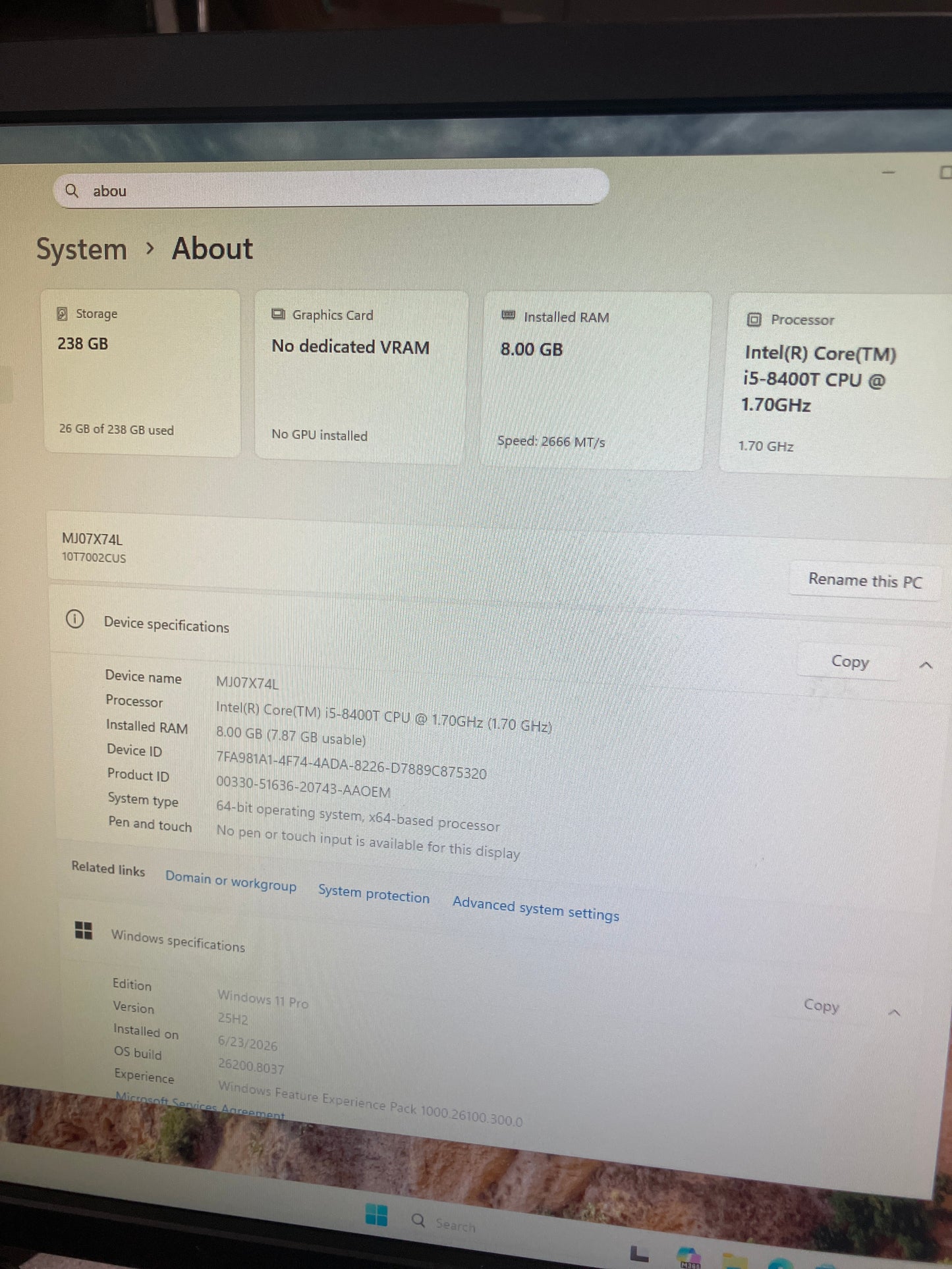 Lenovo ThinkCentre M720Q 10T7-002CUS Core i5-8400T 1.70GHz 8GB RAM 256GB SSD