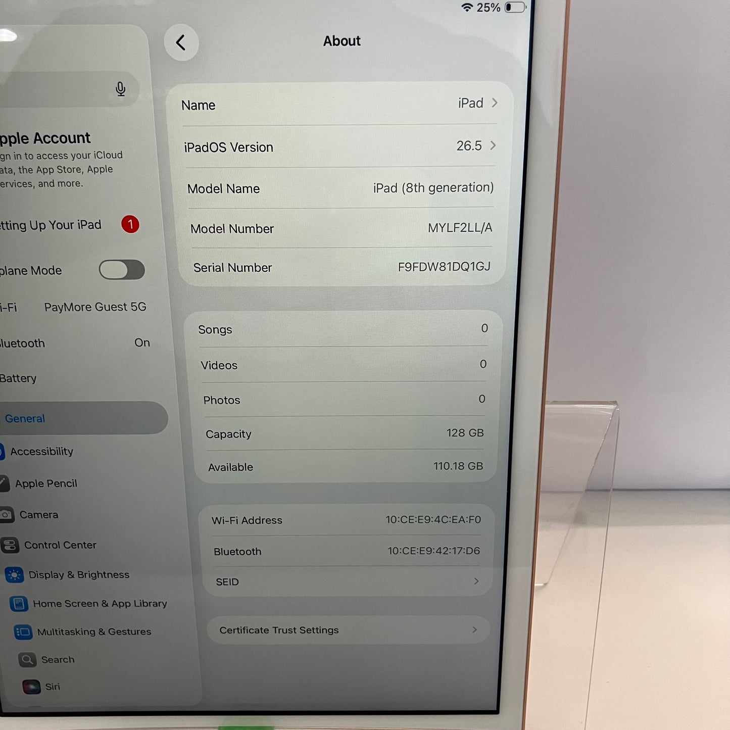 WiFi Only Apple iPad 8th Gen 128GB Gold MYLF2LL/A