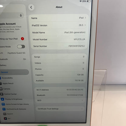 WiFi Only Apple iPad 8th Gen 128GB Gold MYLF2LL/A