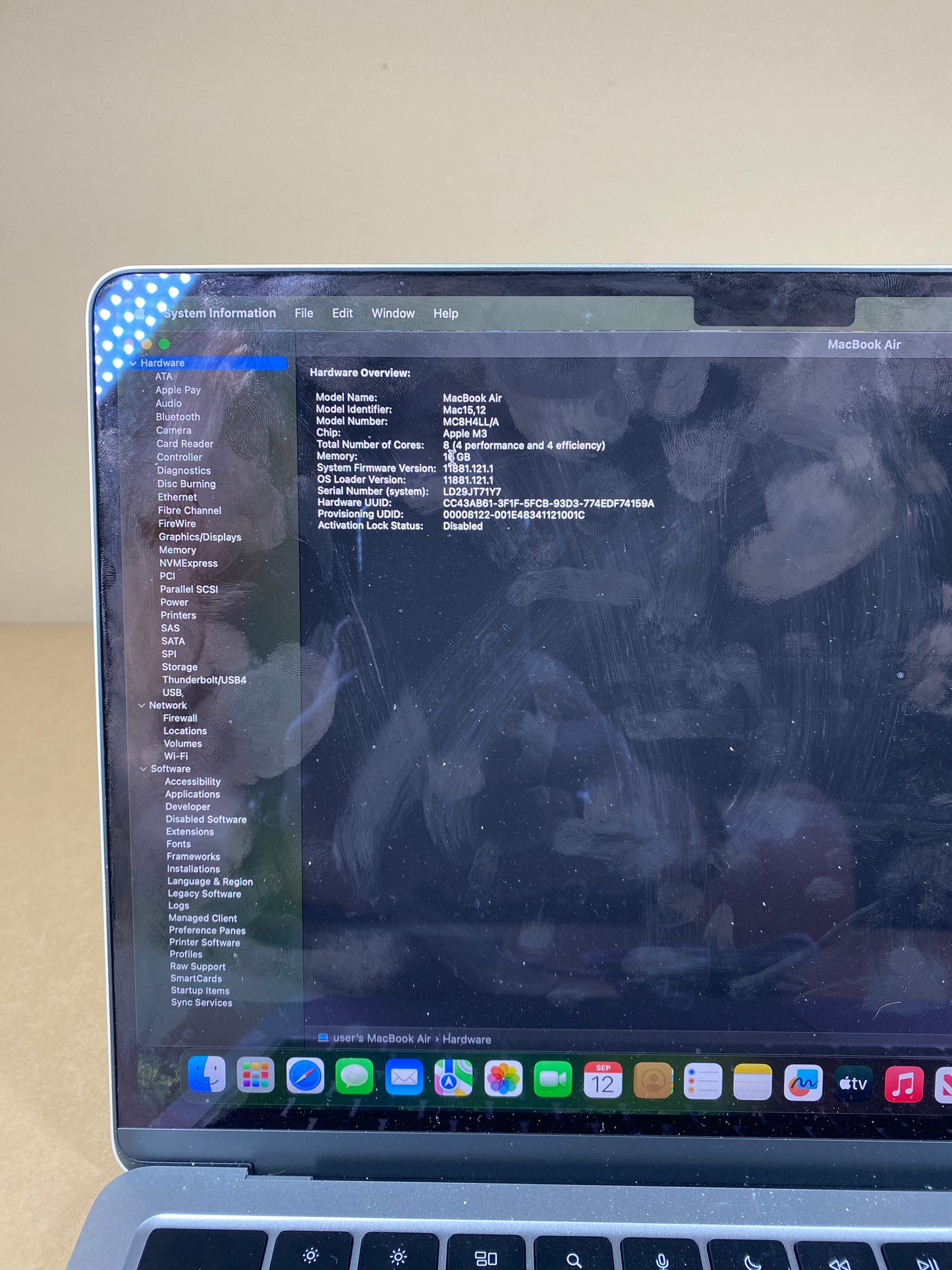 2024 Apple MacBook Air 13.6" M3 8C CPU 4.0GHz 16GB RAM 256GB SSD A3113