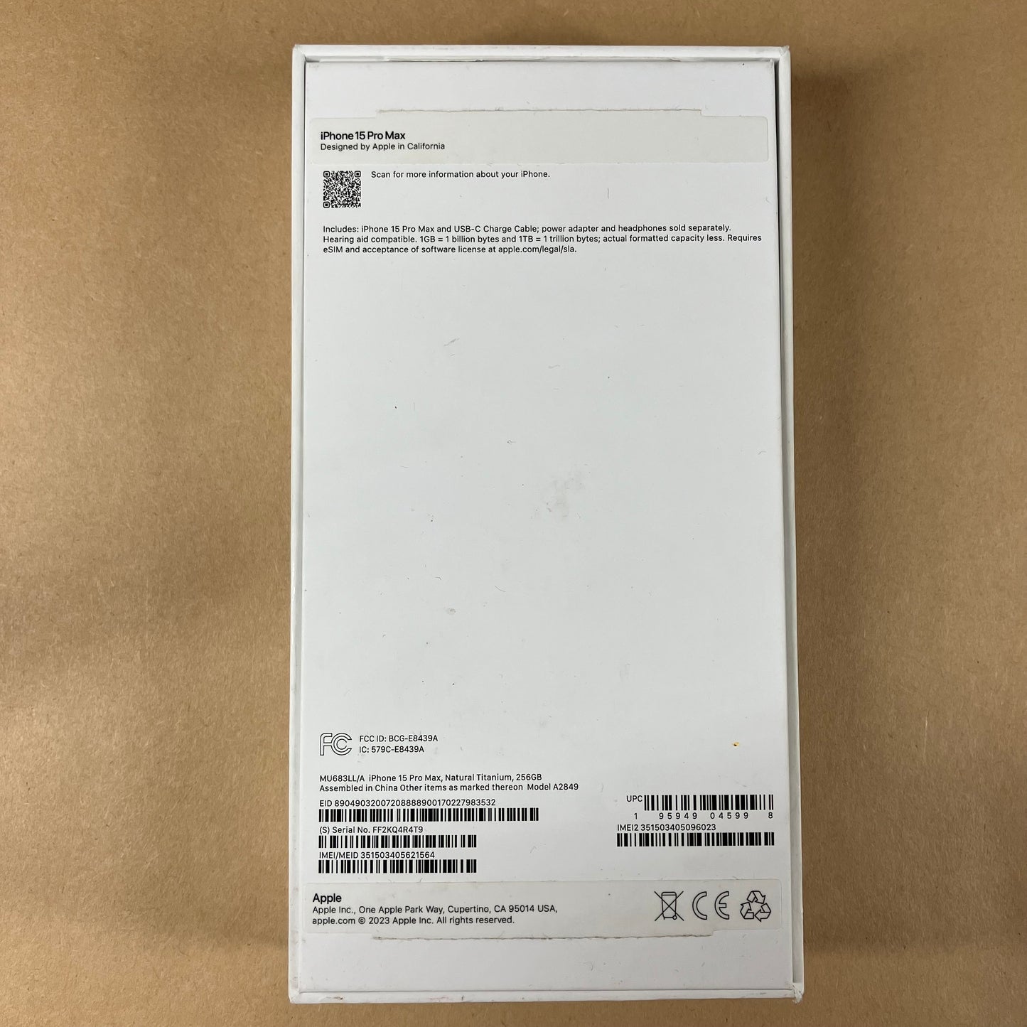 Unlocked Apple iPhone 15 Pro Max 256GB Natural Titanium MU683LL/A