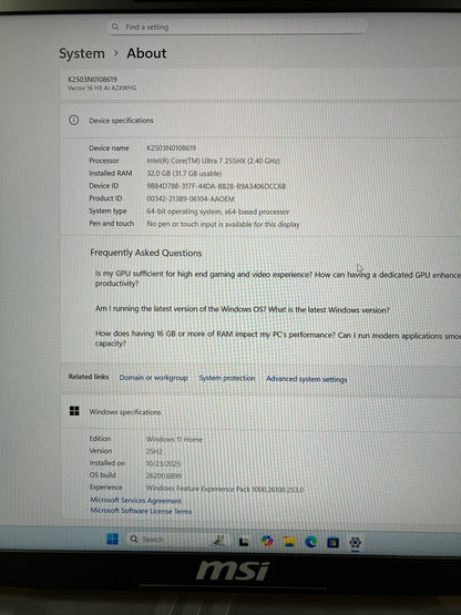 MSI Vector 16 HX A2XW 15.6" Ultra 7 255HX 2.4GHz 32GB DDR5 RAM 2TB SSD 5070Ti