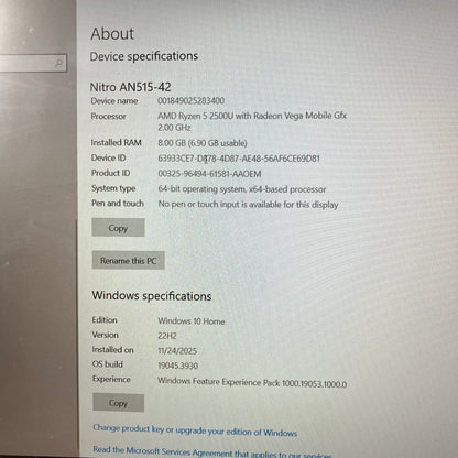 Acer Nitro 5 AN515-42 15.6" Ryzen 5 2500U 2.0GHz 8GB RAM 1TB HDD Radeon RX 560X