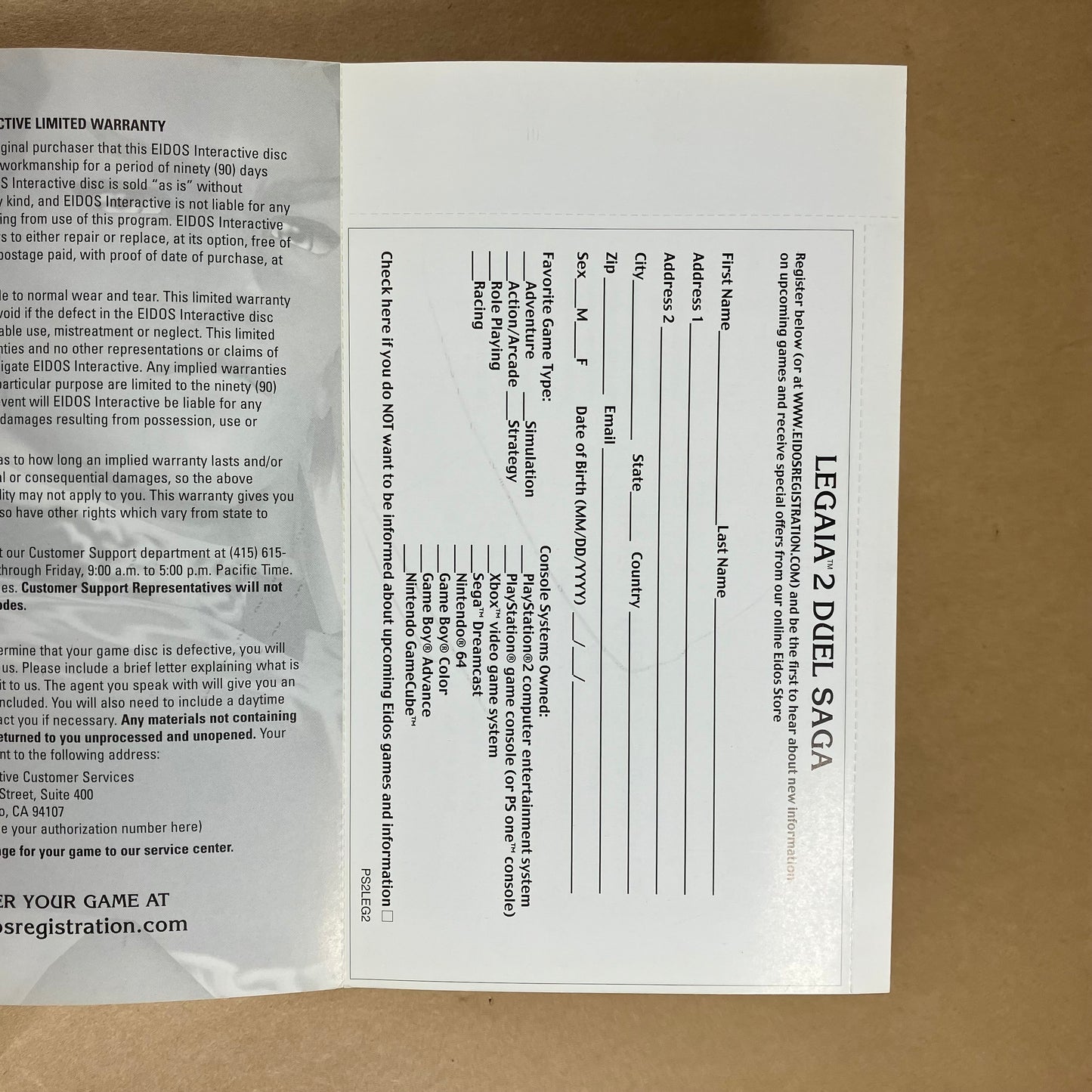 Legaia 2 Duel Saga (Sony PlayStation 2 PS2, 2002) Complete In Box Reg Card