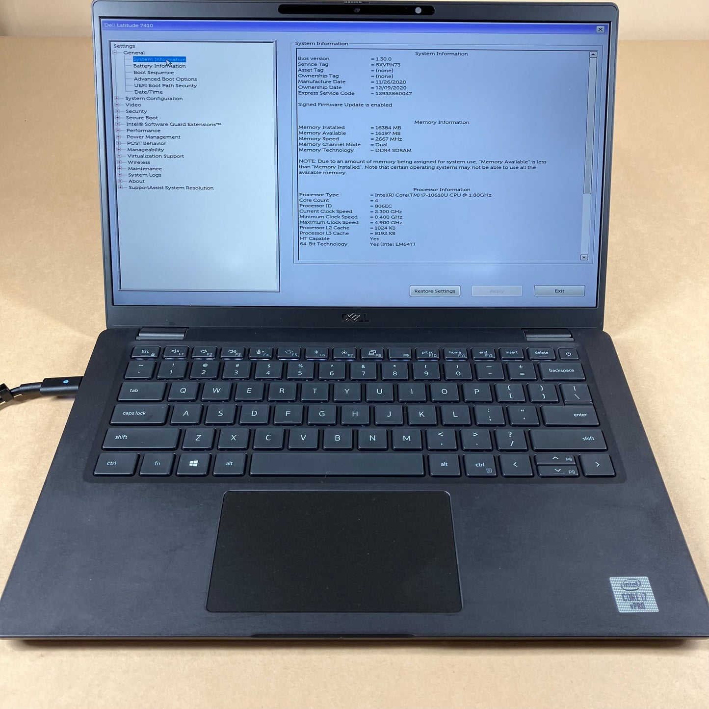 Dell Latitude 7410 13.3" i7-10610U 1.8GHz 16GB RAM NO SSD NO OS NO BATTERY