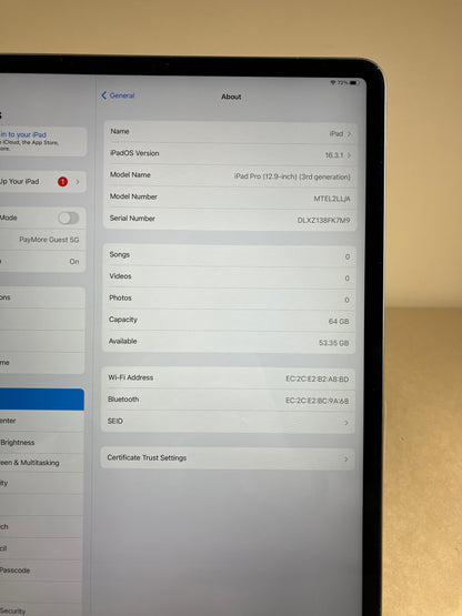 WiFi Only Apple iPad Pro 12.9" 3rd Gen 64GB Space Gray A2014