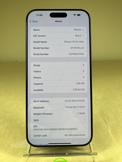 Unlocked Apple iPhone 16 Pro Max 256GB Black MYW33LL/A
