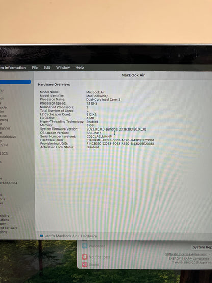 2020 Apple MacBook Air 13.3" i3 1.1GHz 8GB RAM 256GB SSD Silver A2179