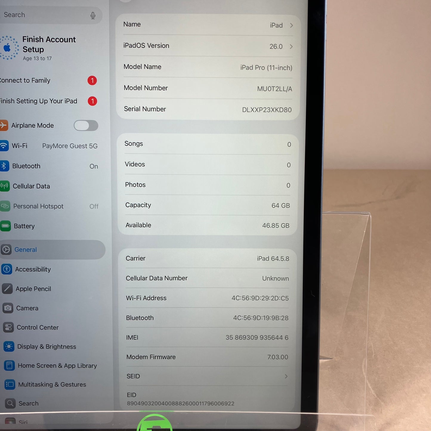 Unlocked Apple iPad Pro 11" 1st Gen 64GB Space gray A2013
