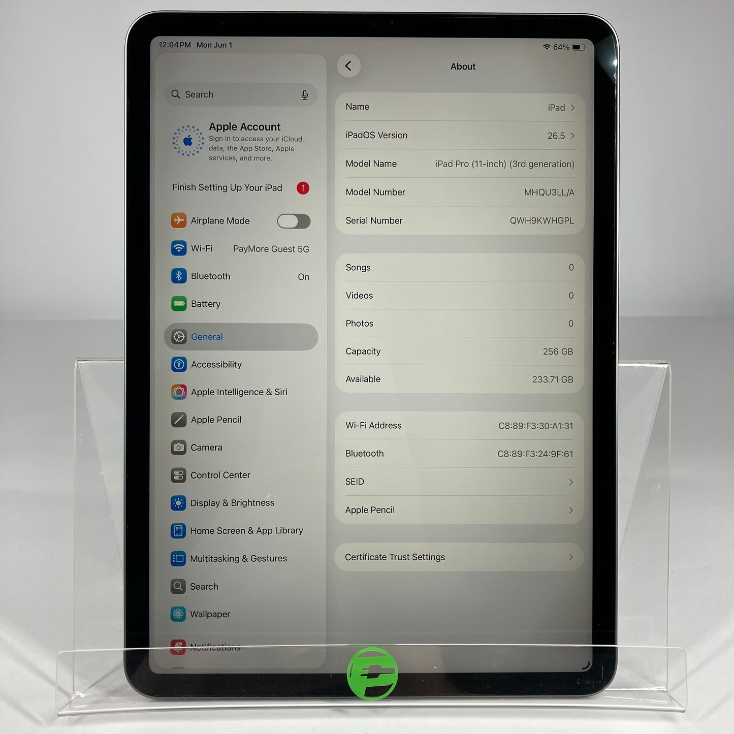 WiFi Only Apple iPad Pro 11" 3rd Gen 256GB Space Gray MHQU3LL/A