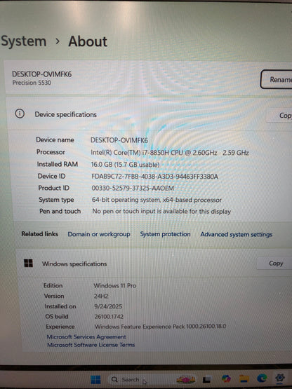 Dell Precision 5530 15.6" i7-8850H 2.6GHz 16GB RAM 512GB SSD WIN 11 PRO
