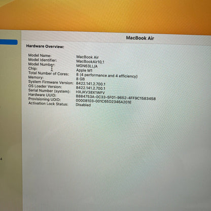 2020 Apple MacBook Air 13.3" M1 8 Core 3.2GHz 8GB RAM 256GB SSD MGN63LL/A