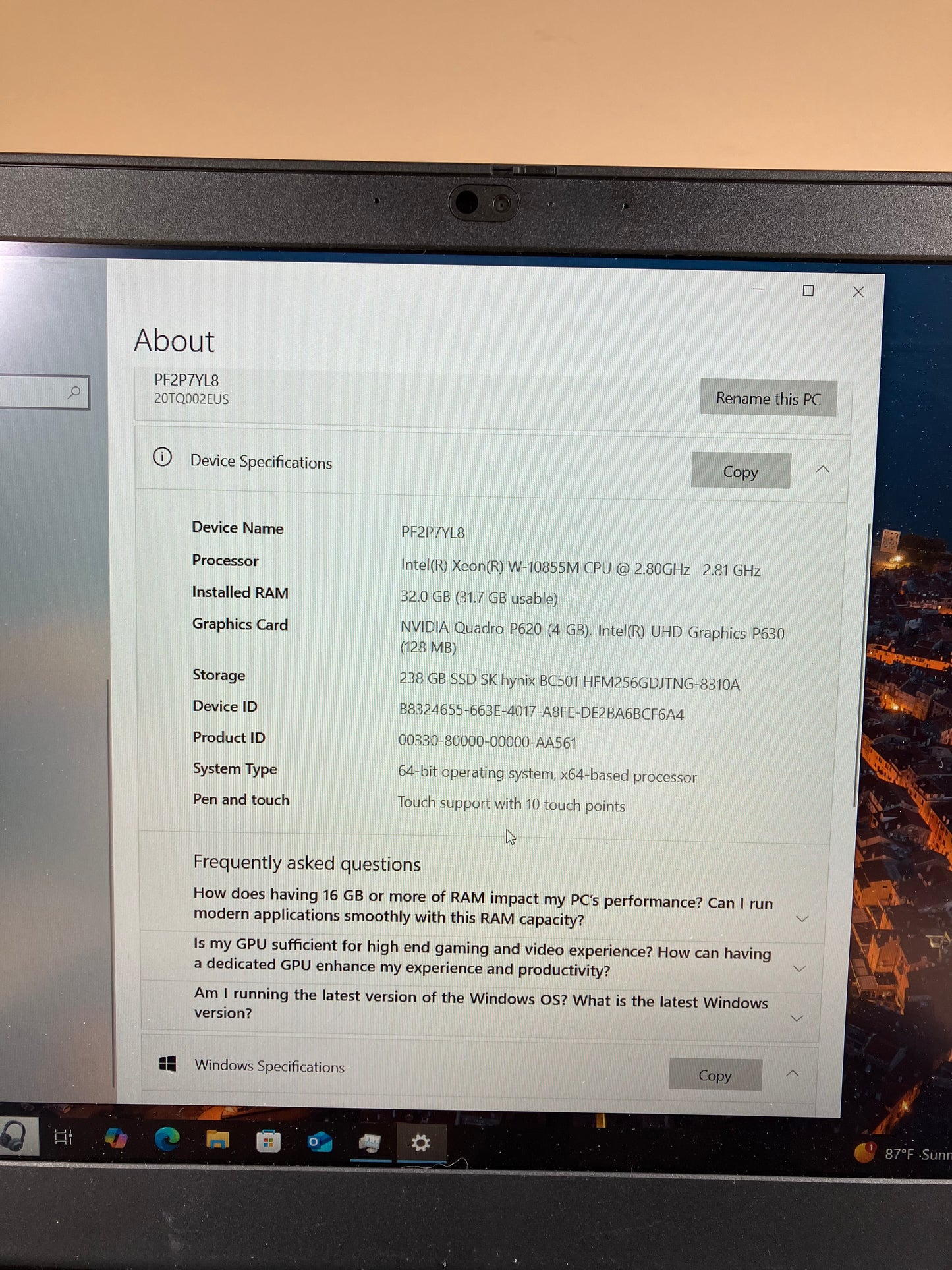 Lenovo ThinkPad P15v Gen 1 15.6" Xeon W-10855M 32GB RAM 256GB SSD Quadro P620