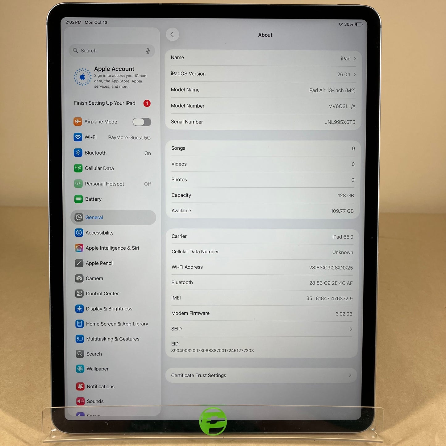 Factory Unlocked Apple iPad Air 13" M2 128GB Space Gray MV6Q3LL/A