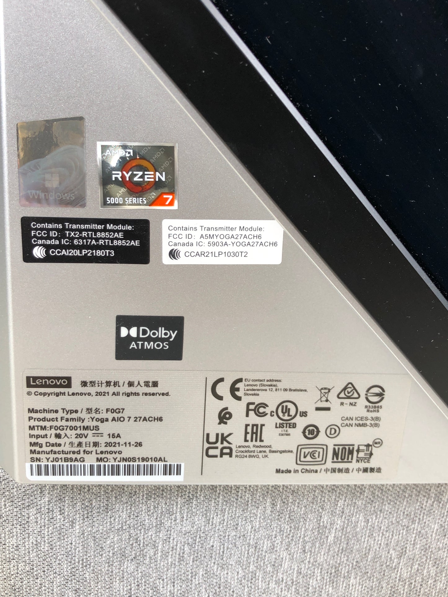 Lenovo YOGA AIO 7 27ACH6 27" Ryzen 7 5800H 3.20GHz 16GB RAM