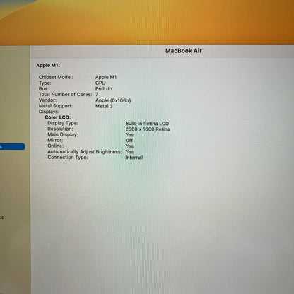 2020 Apple MacBook Air 13.3" M1 8 Core 3.2GHz 8GB RAM 256GB SSD MGN63LL/A
