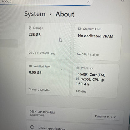 Lenovo ThinkPad T490s 14" Core i5-8265U 1.6GHz 8GB RAM 250GB SSD WIN 11