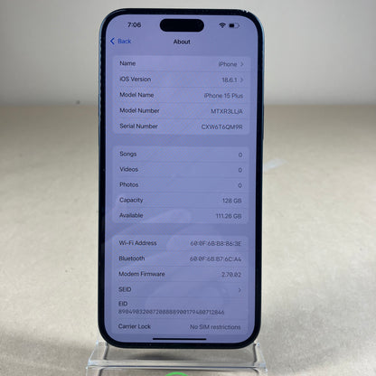 Unlocked Apple iPhone 15 Plus 128GB Black MTXR3LL/A