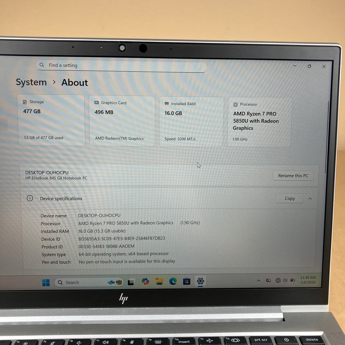 HP EliteBook 845 G8 14" Ryzen 7 Pro 5850U 1.9GHz 16GB RAM 512GB SSD