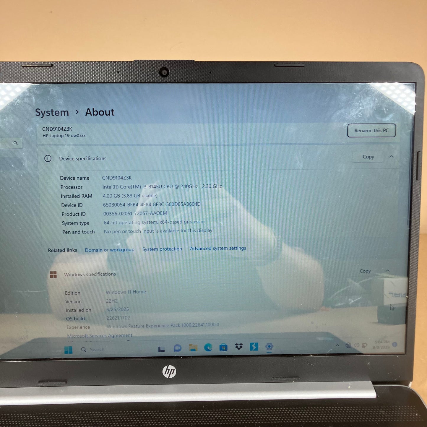 HP NoteBook 15-DW0023CL 15.6" i3-8145U 2.3GHz 4GB RAM 128GB SSD