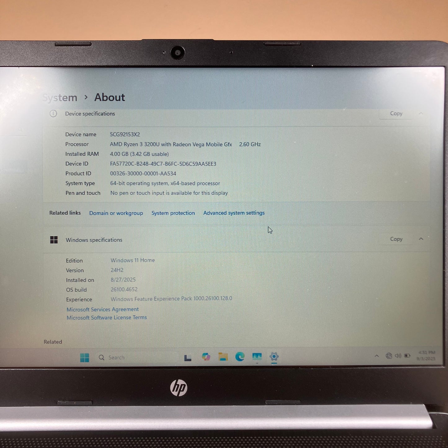 HP Notebook 14-DK0022WM 14" Ryzen 3200U 2.6GHz 4GB RAM 128GB SSD Radeon Vega 3