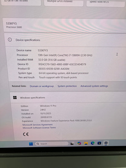Dell Precision 5680 16" i7-13800H 2.5GHz 32GB RAM 2TB SSD RTX A1000