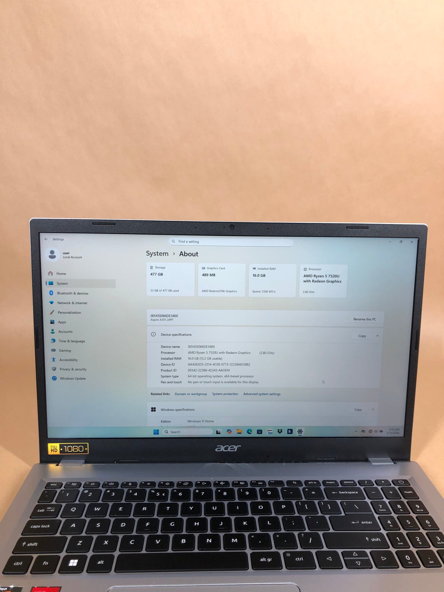 Acer Aspire 3 A315-24PT 15.6" Ryzen 5 7520U 2.8GHz 16GB RAM 512GB SSD