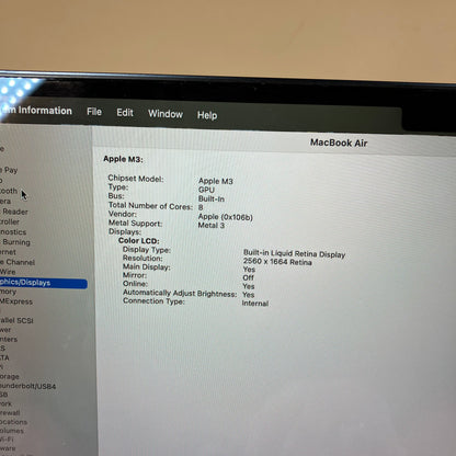 2024 Apple MacBook Air 13.6" M3 8C GPU 16GB RAM 256GB SSD A3113 With AppleCare+