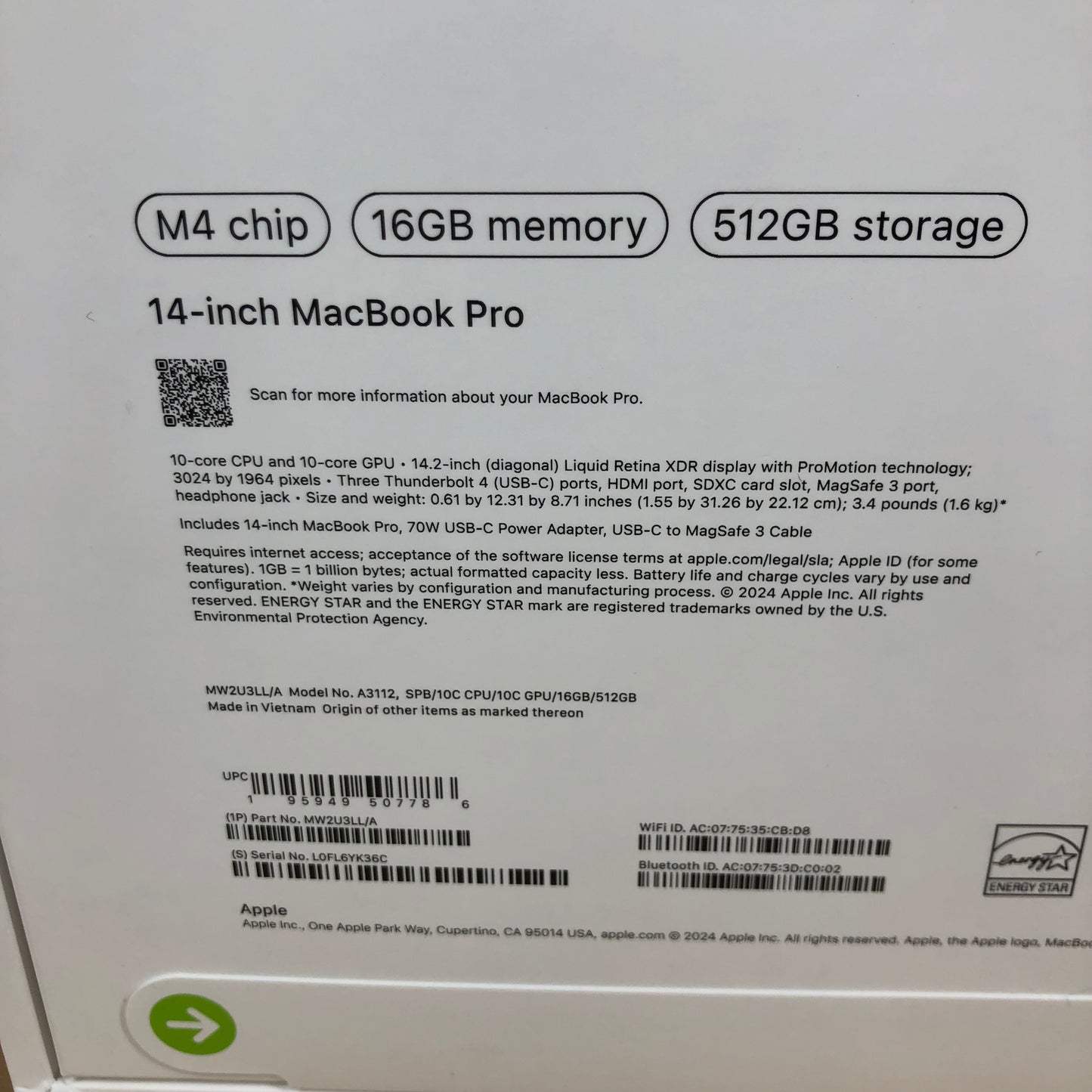 New 2024 Apple MacBook Air 14" M4 10C GPU 4.5GHz 16GB RAM 512GB SSD MW2U3LL/A