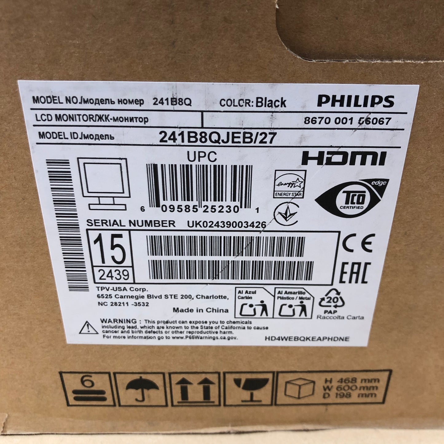 New Philips 24" 241B8QJEB/27 FHD IPS LCD 60Hz LCD Monitor