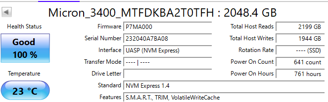 Micron  2280mm 3400 2TB M.2 NVMe Gen 4.0 x 4 SSD MTFDKBA2T0TFH SSD